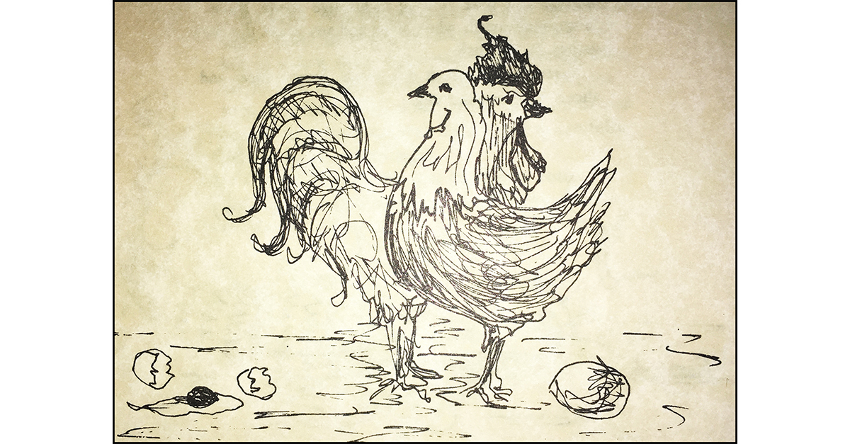 Line drawing of cock and hen