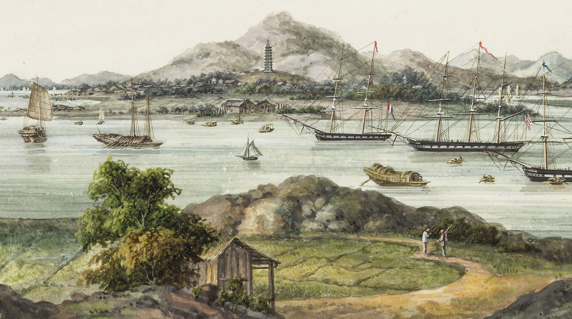 Painting of Macao harbor with boats